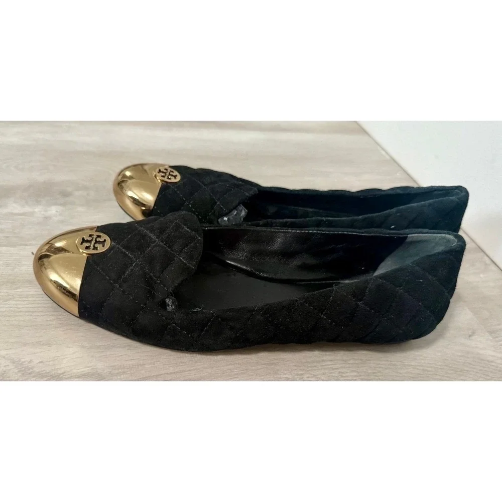 Tory Burch Quilted Suede Cap Toe Flats Women 7 Black Gold Good Logo Medallion
